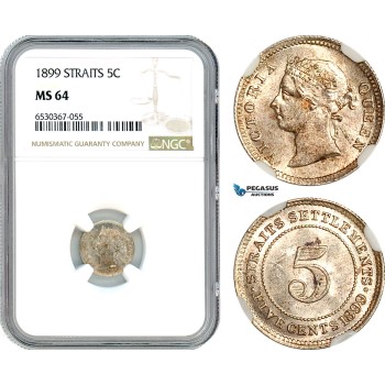AI296, Straits Settlements, Victoria, 5 Cents 1899, Silver, NGC MS64