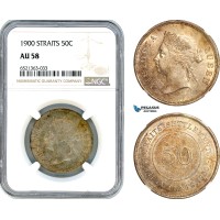 AI300, Straits Settlements, Victoria, 50 Cents 1900, Silver, NGC AU58