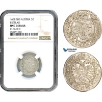 AI320, Austria, Leopold I, 3 Kreuzer 1668 SHS, Breslau Mint, Silver, NGC UNC Det.