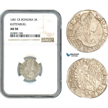 AI328, Bohemia, Leopold I, 3 Kreuzer 1681, Kuttenberg Mint, Silver, NGC AU50