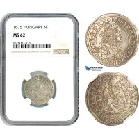 AI331, Hungary, Leopold I, 3 Kreuzer 1675, Pressburg Mint, Silver, Rare! NGC MS62, Rare condition! Single finest graded! Top Pop!