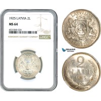 AI356, Latvia, 2 Lati 1925, London Mint, Silver, NGC MS64