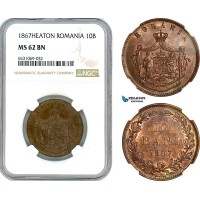 AI364, Romania, Carol I, 10 Bani 1867, Heaton Mint, NGC MS62BN