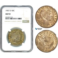 AI386, United States, Barber Half Dollar (50C.) 1907 D, Denver Mint, Silver, NGC AU53