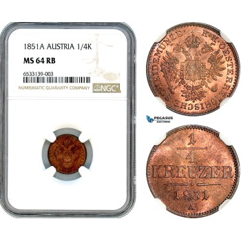 AI407, Austria, Franz Joseph, 1/4 Kreuzer 1851 A, Vienna Mint, NGC MS64RB