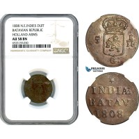 AI447, Netherlands East Indies, Batavian Rep. 1 Duit 1808, Holland Arms, NGC AU58BN