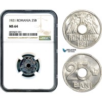 AI452, Romania, Ferdinand, 25 Bani 1921, Huguenin Mint, NGC MS64