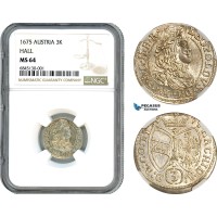 AI482, Austria, Leopold I, 3 Kreuzer 1675, Hall Mint, Silver, NGC MS64