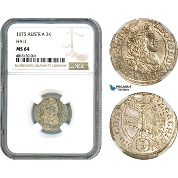 AI482, Austria, Leopold I, 3 Kreuzer 1675, Hall Mint, Silver, NGC MS64