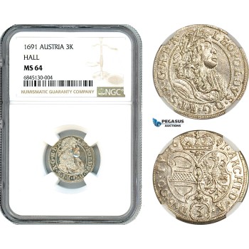 AI485, Austria, Leopold I, 3 Kreuzer 1691, Hall Mint, Silver, NGC MS64