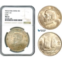 AI493, China, Republic, Junk Dollar Yr. 23 (1934) Shanghai Mint, Silver, L&M 110, NGC MS63