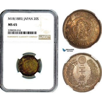 AI506, Japan, Meiji, 20 Sen M18 (1885) Silver, NGC MS65