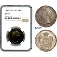 AI508, Portugal, Maria II, 500 Reis 1846, Lisbon Mint, Silver, NGC AU58
