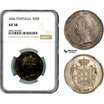 AI508, Portugal, Maria II, 500 Reis 1846, Lisbon Mint, Silver, NGC AU58