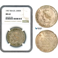 AI511, Brazil, 2000 Reis 1907, Rio de Janeiro Mint, Silver, NGC MS62
