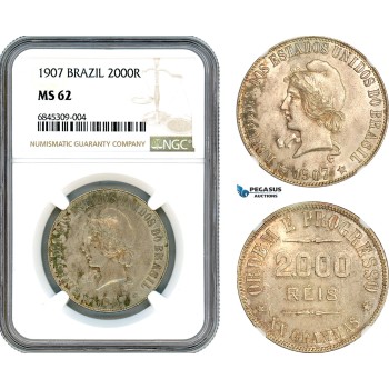 AI511, Brazil, 2000 Reis 1907, Rio de Janeiro Mint, Silver, NGC MS62