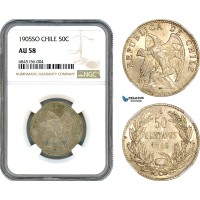 AI517, Chile, 50 Centavos 1905 SO, Santiago Mint, Silver, NGC AU58