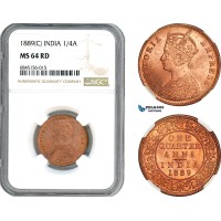 AI528, India, British, Victoria, 1/4 Anna 1889 C, Calcutta Mint, NGC MS64RD