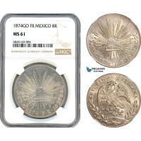 AI529, Mexico, 8 Reales 1874 Go FR, Guanajuato Mint, Silver, NGC MS61