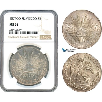 AI529, Mexico, 8 Reales 1874 Go FR, Guanajuato Mint, Silver, NGC MS61