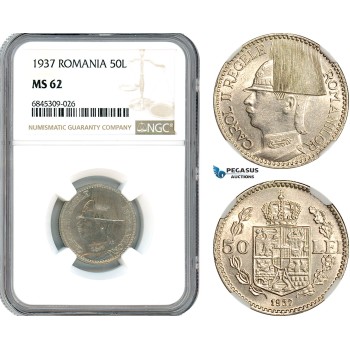 AI530, Romania, Carol II, 50 Lei 1937, Bucharest Mint, NGC MS62