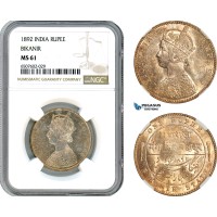 AI551, India, British, Bikanir, Victoria, 1 Rupee 1892 B, Bombay Mint, Silver, NGC MS61