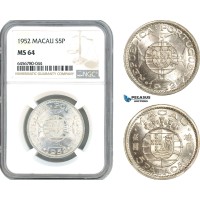AI558, Macau (Portuguese Colony) 5 Patacas 1952, Silver, NGC MS64
