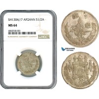 AI573, Afghanistan, Amanullah Khan, 1/2 Afghani SH1304//7, Silver, NGC MS64