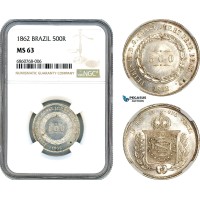 AI577, Brazil, Pedro II, 500 Reis 1862, Rio de Janeiro Mint, Silver, NGC MS63