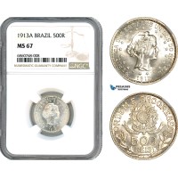 AI579, Brazil, 500 Reis 1913 A, Berlin Mint, Silver, NGC MS67