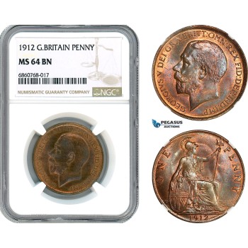 AI584, Great Britain, George V, 1 Penny 1912, London Mint, NGC MS64BN