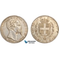 AI644, Italy, Sardinia, Victor Emmanuel II, 5 Lire 1850 B, Turin Mint, Silver, R2, Lightly cleaned, VF+