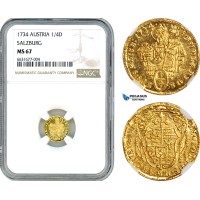 AI692, Austria, Salzburg, Leopold Anthony von Firmian, 1/4 Ducat 1734, Gold, NGC MS67