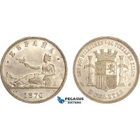 AI714, Spain, Provisional Government, 5 Pesetas 1870 (70) SNM, Madrid Mint, Silver, XF-AU