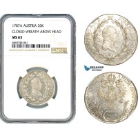 AI740, Austria, Joseph II, 20 Kreuzer 1787­ A, Vienna Mint, Close Wreath Above Head, Silver, NGC MS63