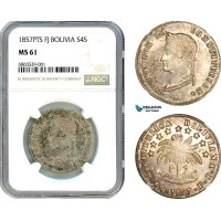 AI747, Bolivia, 4 Soles 1857 PTS FJ, Potosi Mint, Silver, NGC MS61