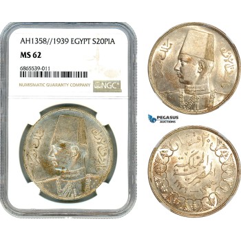 AI758, Egypt, Farouk, 20 Piastres AH1358 // 1939, Silver, NGC MS62