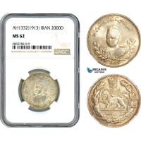 AI771, Iran, Ahmad Shah, 2000 Dinars AH1332 (1913) Tehran Mint, Silver, NGC MS62