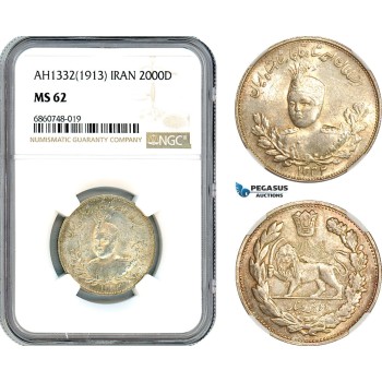 AI771, Iran, Ahmad Shah, 2000 Dinars AH1332 (1913) Tehran Mint, Silver, NGC MS62