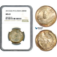 AI772, Iran, Ahmad Shah, 2000 Dinars AH1332 (1913) Tehran Mint, Silver, NGC MS63
