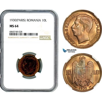 AI784, Romania, Carol II, 10 Lei 1930, Paris Mint, NGC MS64