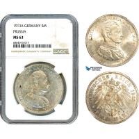 AI816, Germany, Prussia, Wilhelm II, 5 Mark 1913 A, Berlin Mint, Silver, NGC MS63