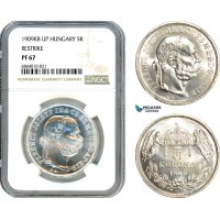 AI819, Hungary, Franz Joseph, Restrike 5 Korona 1909 KB UP, Kremnitz Mint, Silver, NGC PF67