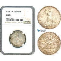 AI833, Russia, USSR, 50 Kopeks 1925 NA, Leningrad Mint, Silver, NGC MS61