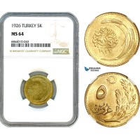 AI843, Turkey, 5 Kurush 1926, Istanbul Mint, NGC MS64