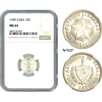 AI853, Cuba, 10 Centavos 1949, Philadelphia Mint, Silver, NGC MS64