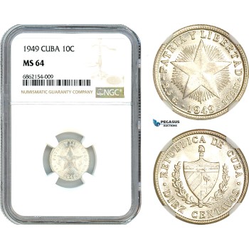 AI853, Cuba, 10 Centavos 1949, Philadelphia Mint, Silver, NGC MS64