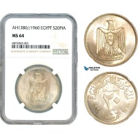 AI855, Egypt, 20 Piastres AH1380//1960, Cairo Mint, Silver, NGC MS64