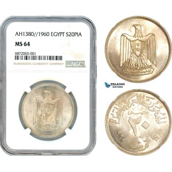 AI855, Egypt, 20 Piastres AH1380//1960, Cairo Mint, Silver, NGC MS64