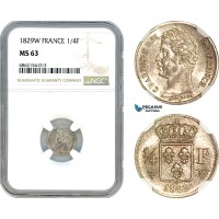 AI858, France, Charles X, 1/4 Franc 1829 W, Lille Mint, Silver, NGC MS63